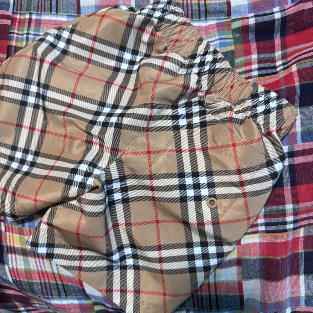 Authentic Burberry Beige Plaid Shorts with Red and Black Accents SWIM